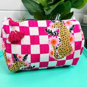 Cotton Quilted Makeup Cosmetic Bag Pink White Check Jaguars